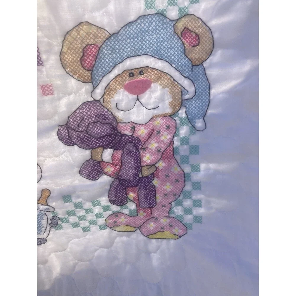 Vintage Cross Stitch Baby Crib Blanket Quilt Cute or What? Handmade 32